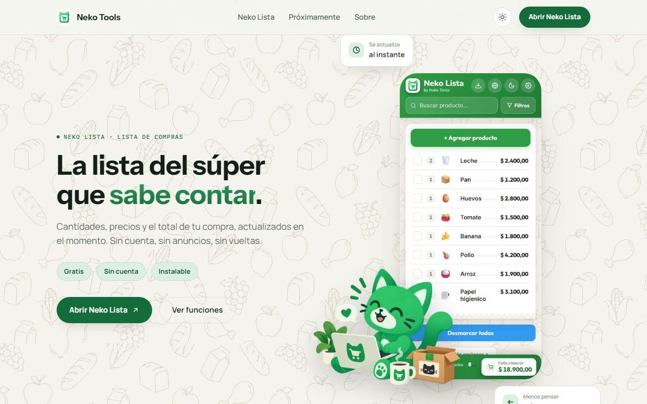 Interfaz de Neko Tools, lista de compras y presupuesto